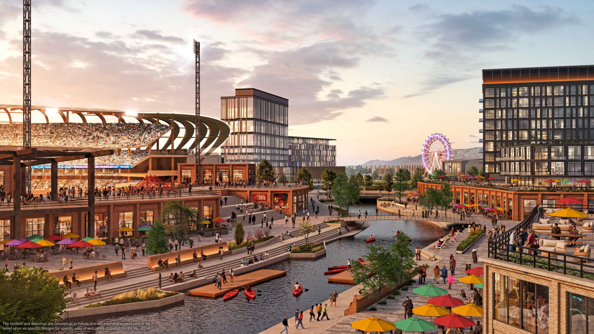 Rendering of a riverwalk at the Power District, a nearly 100-acre site adjacent to the Utah State Fairpark and the Jordan River.