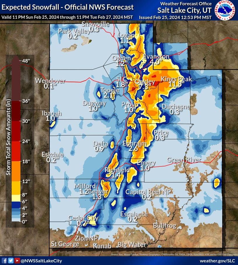 The Utah Avalanche Center (UAC) and The National Weather Service are calling for 15-25 inches of snow in the mountains by Tuesday night