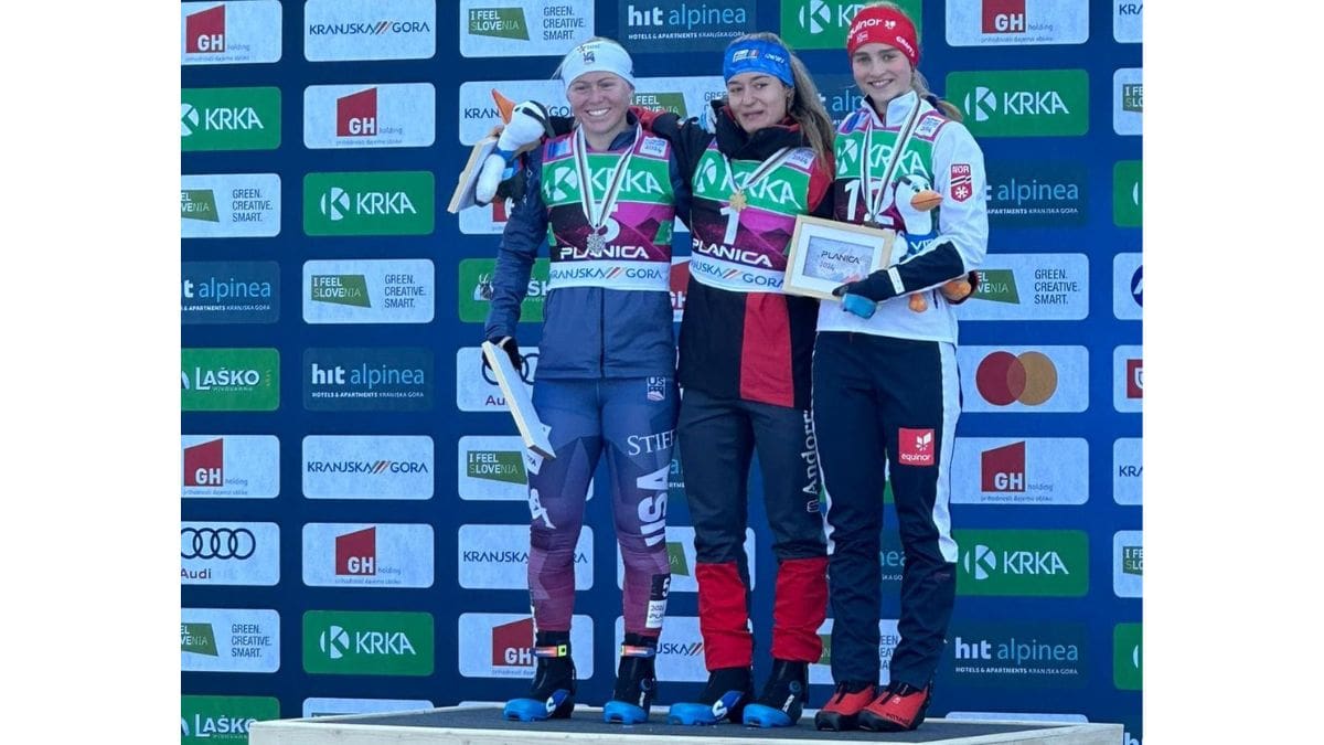Samantha Smith in third place in cross country sprint at the Jr. World Championships in Slovenia.
