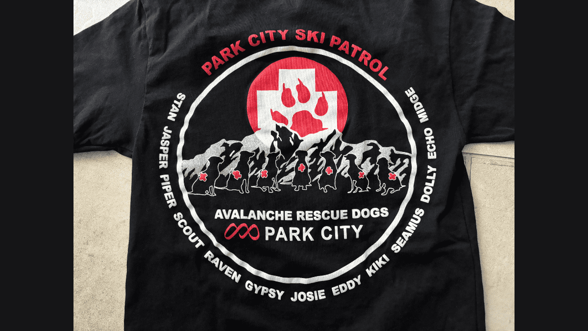 T-shirt supporting the Park City Ski Patrol avalanche rescue dogs.