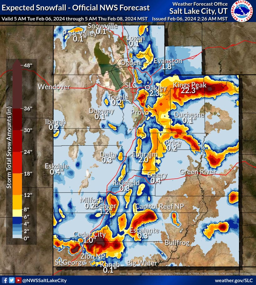 Expected snow totals through Feb. 7, 2024