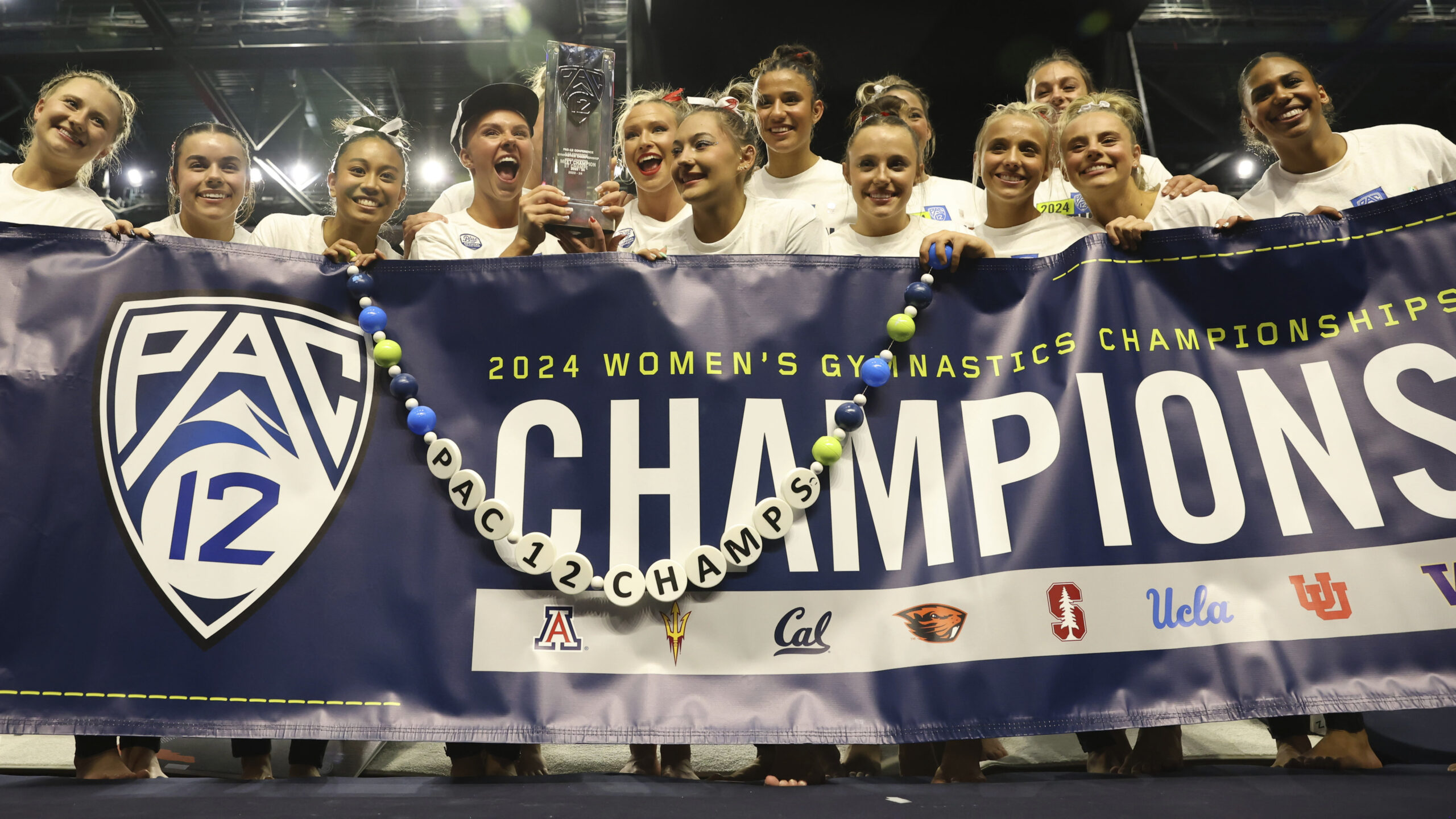 March 23, 2024: The University of Utah's women's gymnastics team celebrates winning the 2024 Pac-12 Gymnastics Championships. This was the fourth time in a row Utah won the championships. Mykayla Skinner was a member of a former years' Team.