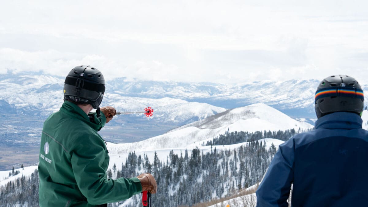 Deer Valley President and COO, Todd Bennett pointing out the new East Village terrain, part of the Deer Valley expansion.