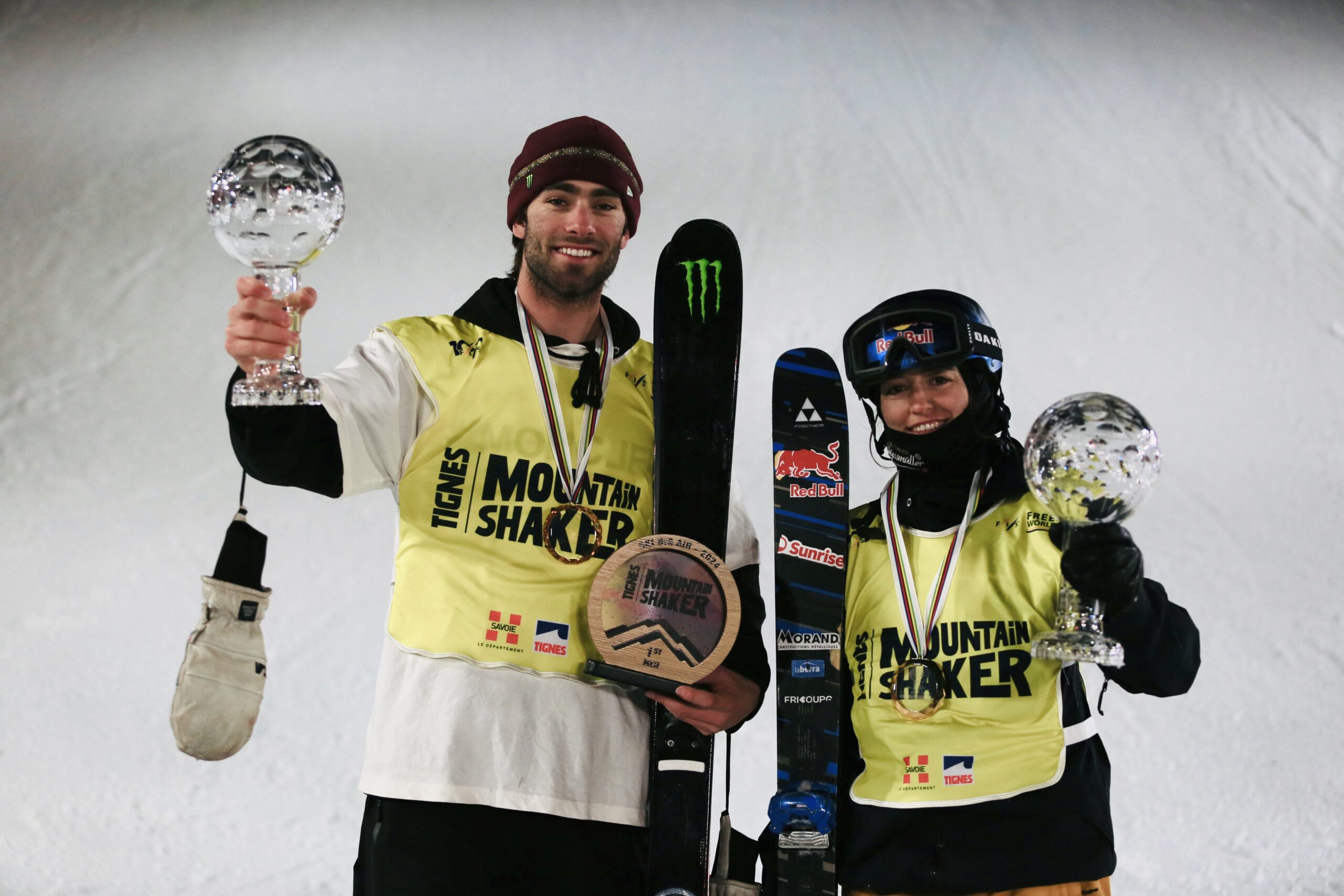 Alex Hall holds his big air Crystal Globe in Tignes, France.