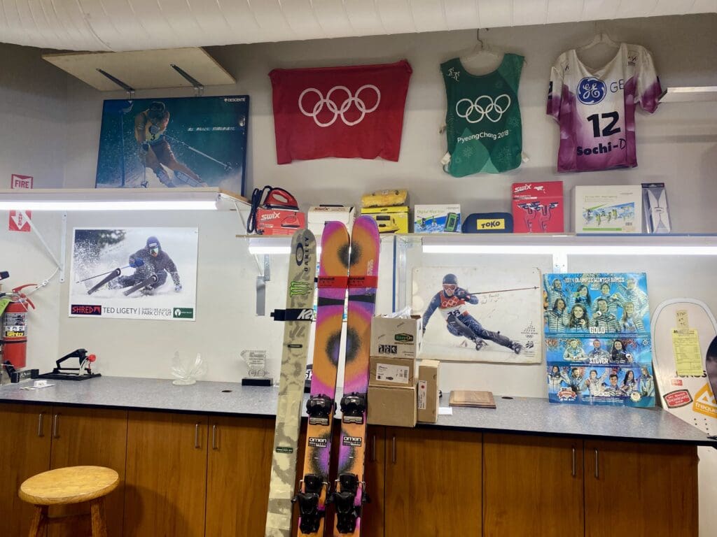 The signed skis and race bibs that line the walls of Rennstall.