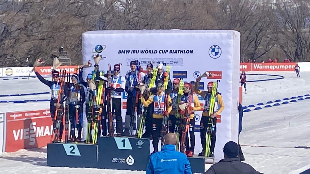 1) Norway 2) Italy 3) Germany - Men's Relay Podium. USA got 4th place in the Biathlon World Cup at Soldier Hollow, the best result the US has had on home soil.