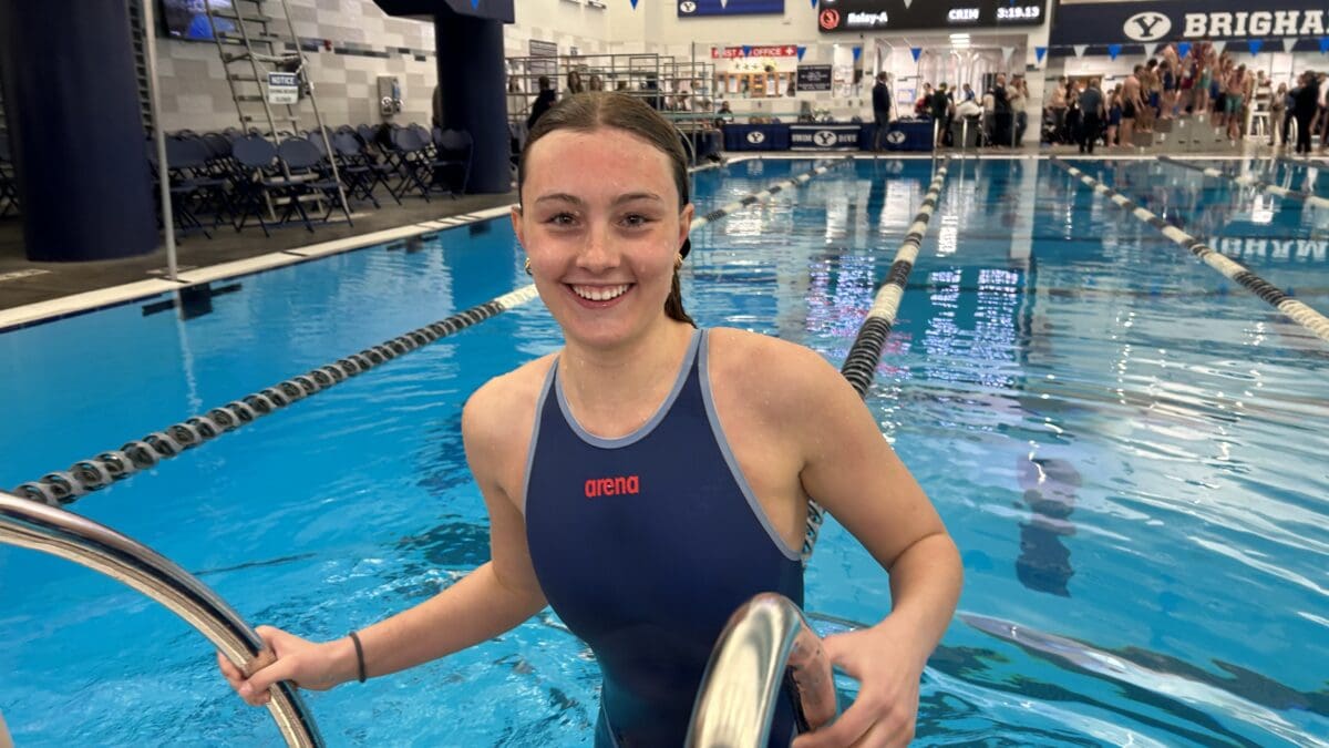 Park City High School Senior Lauren Biglow, pictured here after winning the 400 Free Relay at the Utah State Championships and before signing to swim D1.