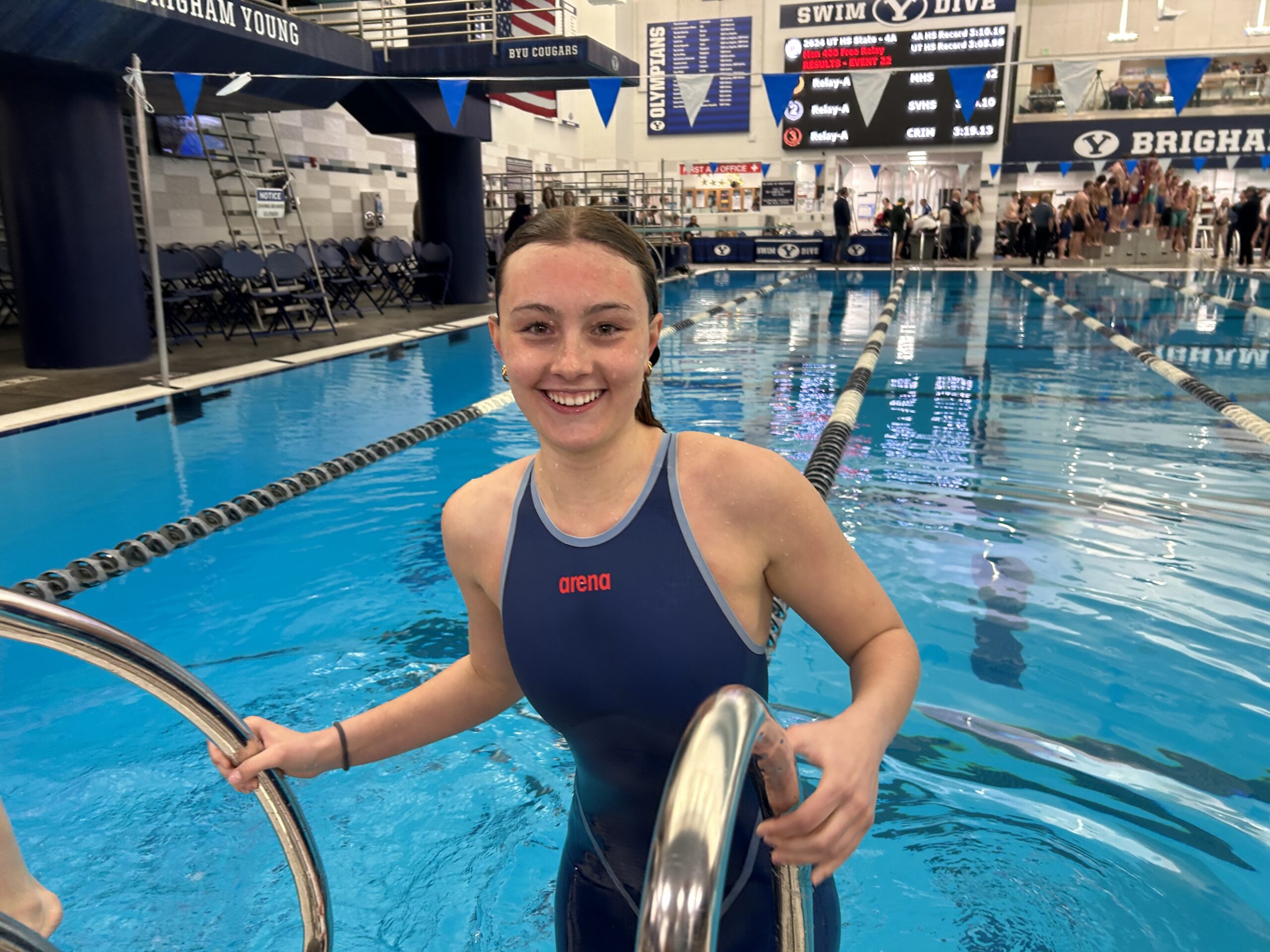 Park City High School Senior Lauren Biglow, pictured here after winning the 400 Free Relay at the Utah State Championships and before signing to swim D1.