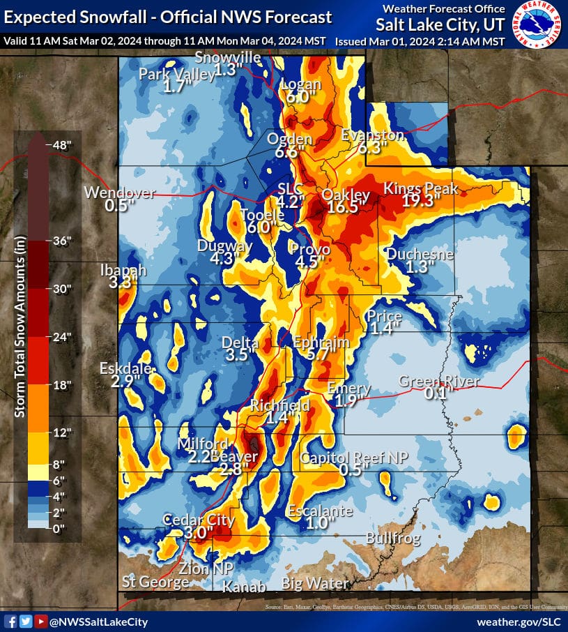 Expected snow totals through March 4, 2024