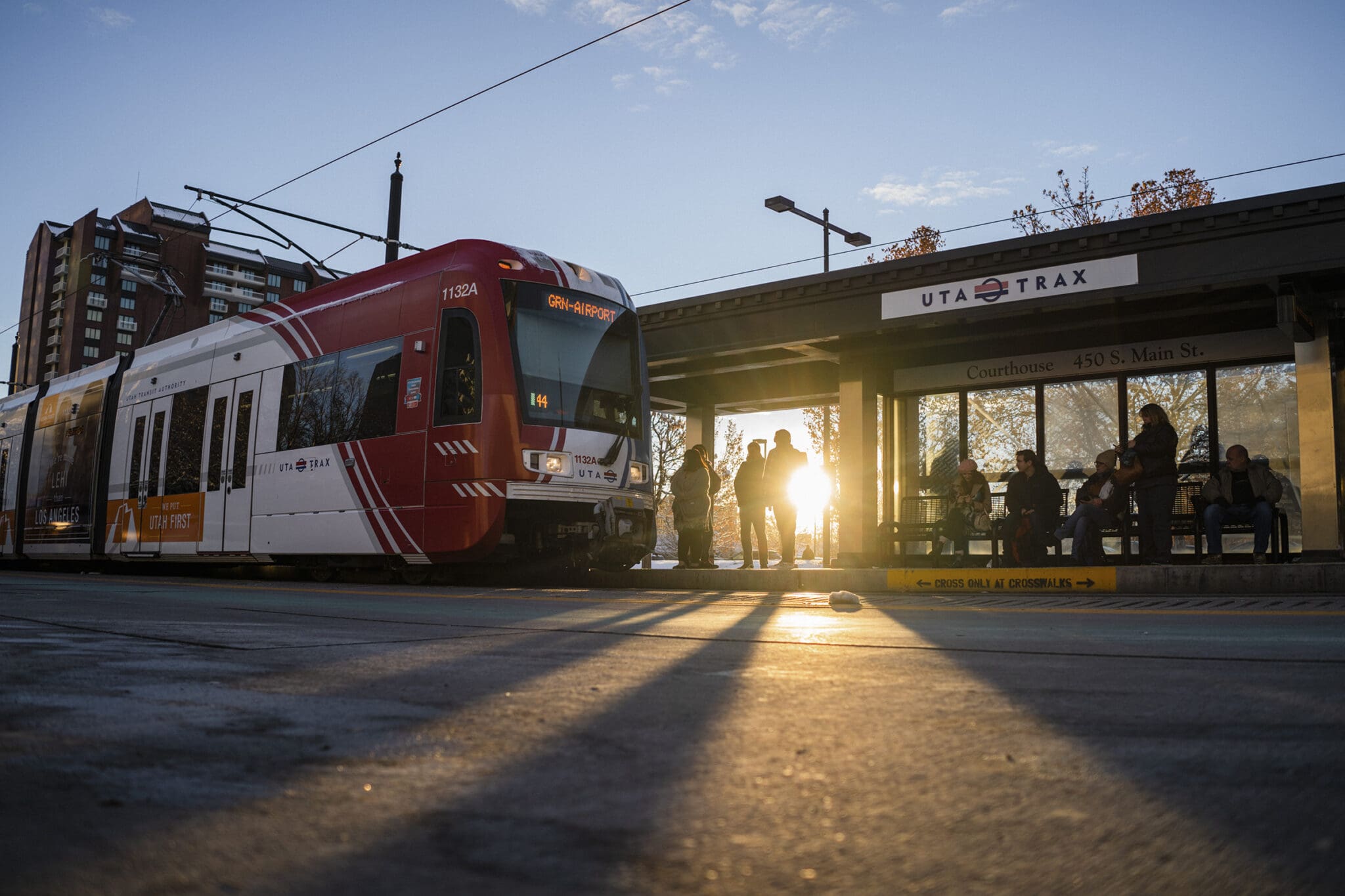 A Green Line UTA train stops at Courthouse Station in Salt Lake City. The federal government is investing $61 million in Utah transit.