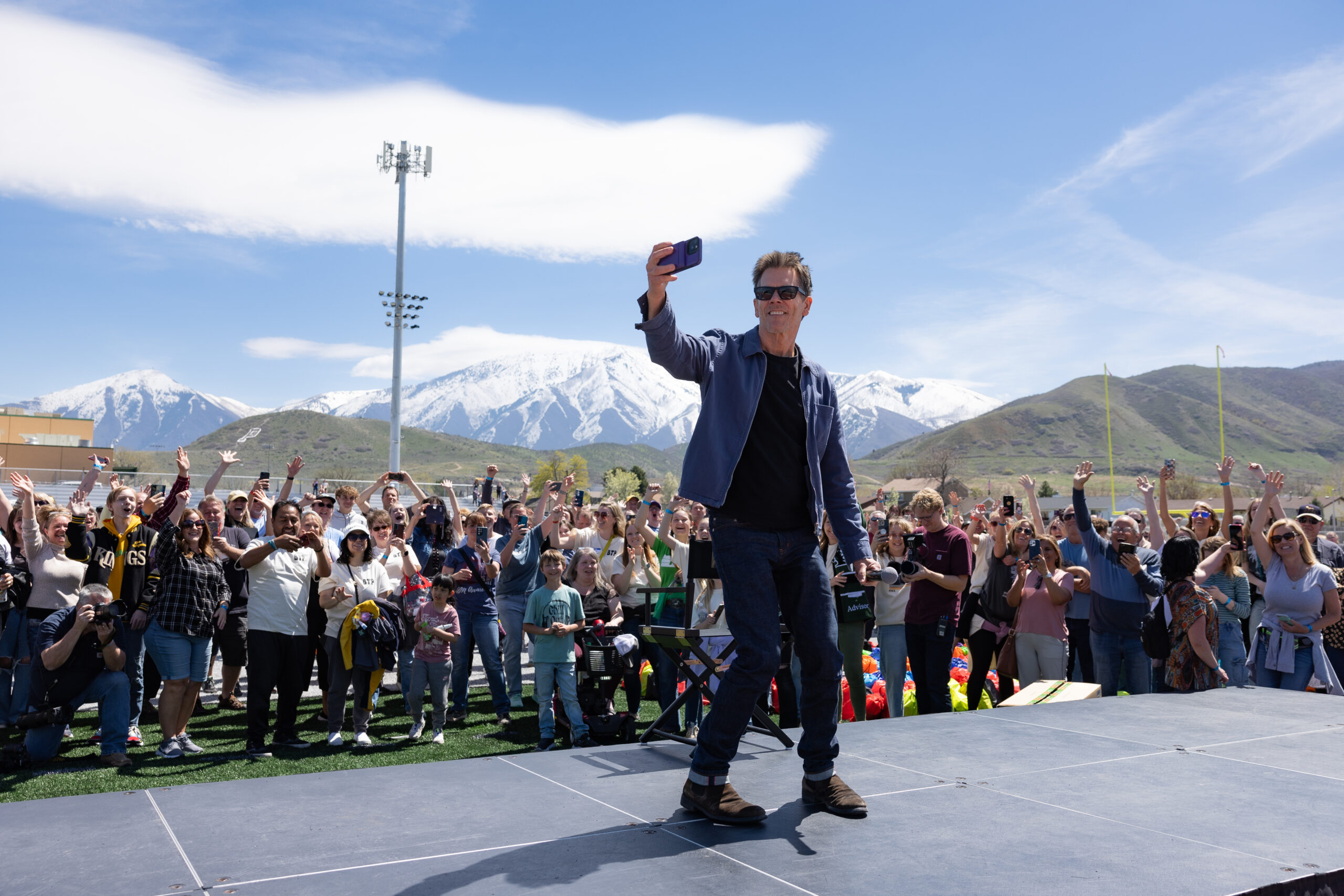 Kevin Bacon visits Payson High school in honor of the 40th Anniversary of Footloose at Payson High School on April 20, 2024 Payson, Utah.