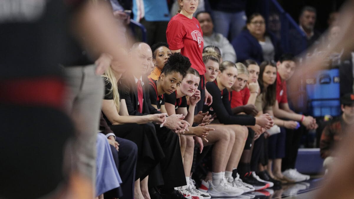 Players and staff on the Utah bench react toward the end of a second-round college basketball game against Gonzaga in the NCAA Tournament in Spokane, Wash.