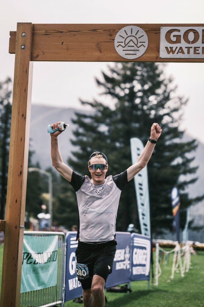 Adam Loomis first runner across the finish line in the Gorge Waterfalls 100km in Oregon.