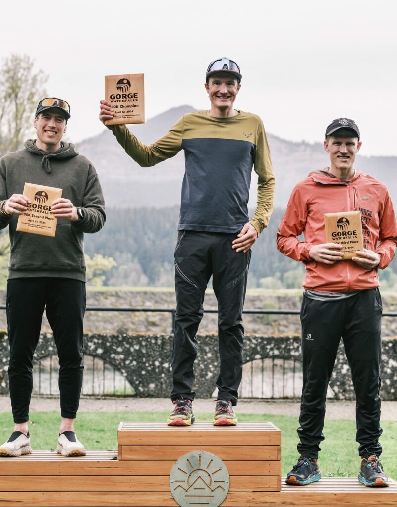 Adam Loomis of Park City tops the podium at Oregon's Gorge Waterfalls 100km running race.
