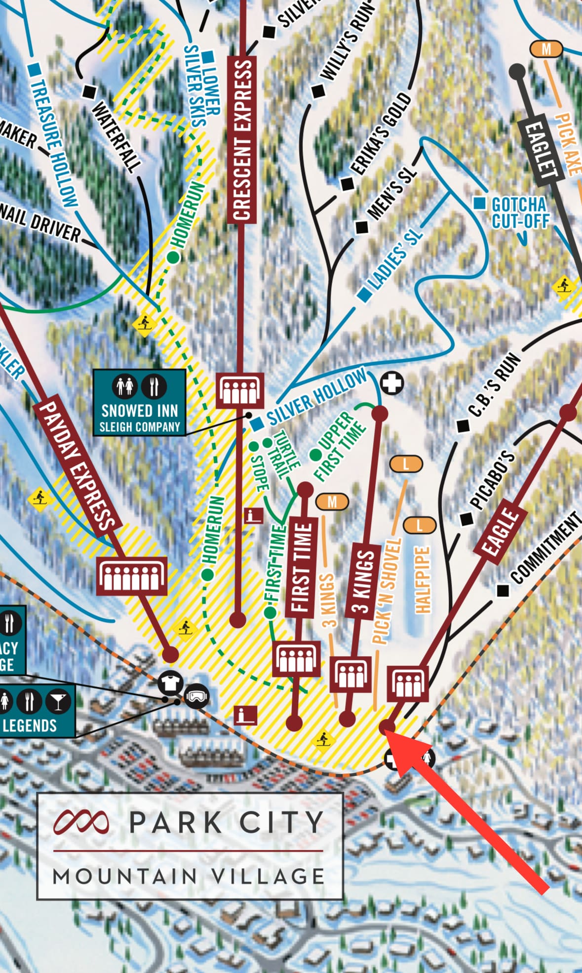 Arrow points to the Eagle Super Pond at Park City Mountain, where the 3rd annual pond skim will take place.