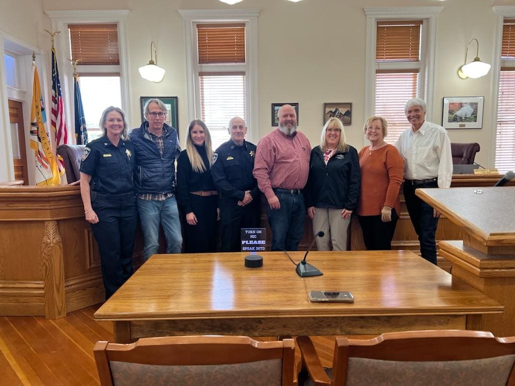 Pictured left to right: Chief Deputy Kacey Bates, County Council Member Chris Robinson, County Council Chairperson Malena Stevens, Sheriff Frank Smith, South Summit Superintendent Greg Maughan, South Summit School Board President Wendy Radke, County Council Vice-Chairperson Tonja Hanson, County Council Member Roger Armstrong.