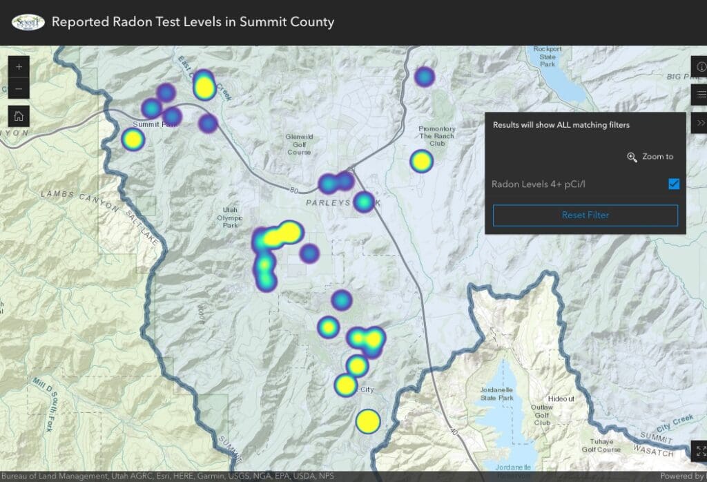 Reported radon levels above 4 pCi/L in Summit County via the Summit County Health website. 