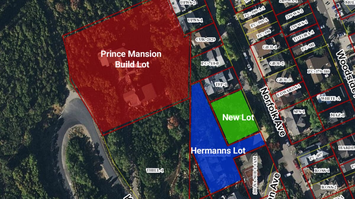 Red: The lot Matthew Prince hopes to build his mansion on. Blue: Erik Hermanns existing home lot. Green: New lot alleging a retainaing wall on the Hermanns property encrouces on