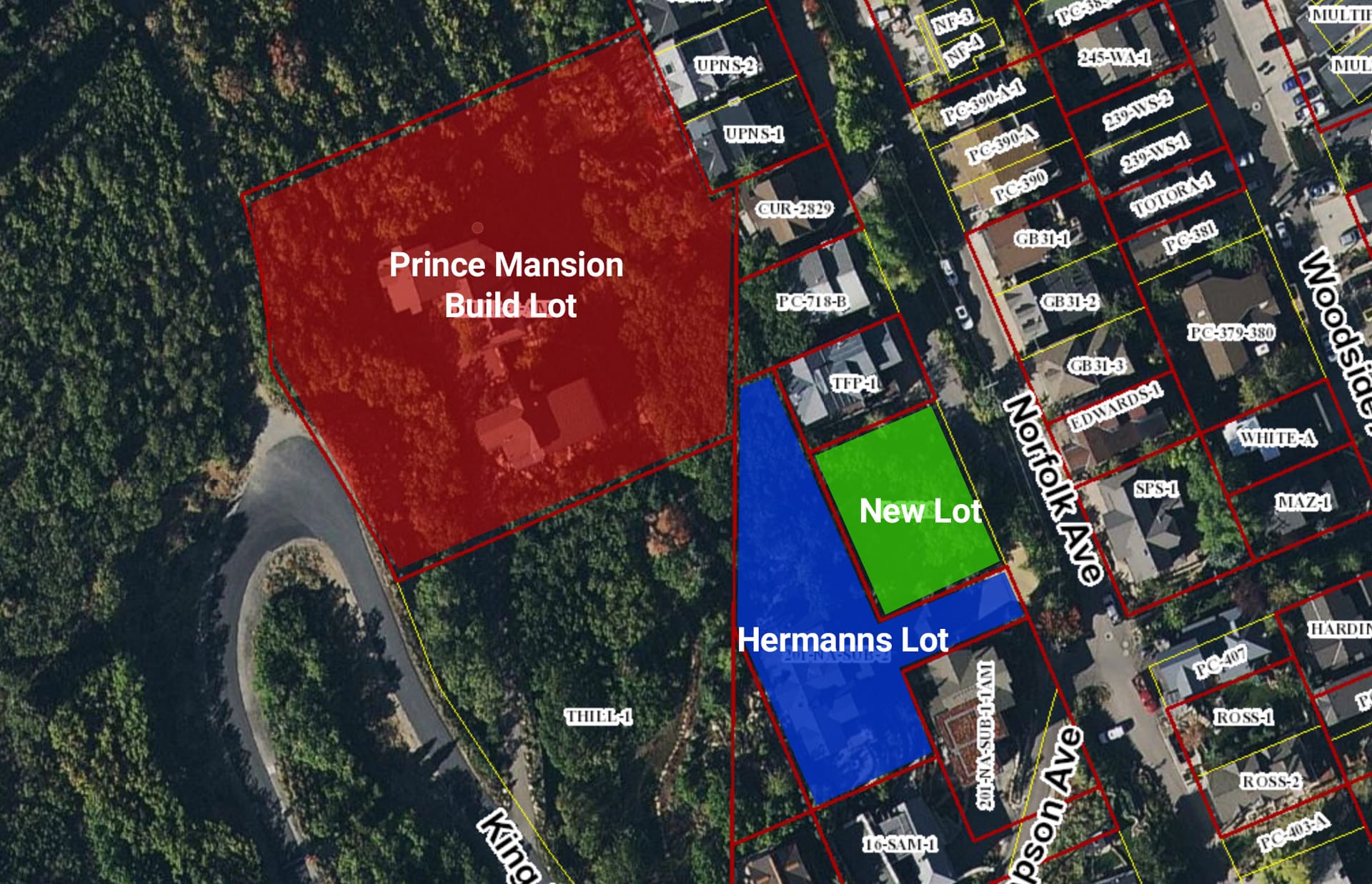 Red: The lot Matthew Prince hopes to build his mansion on. Blue: Erik Hermanns existing home lot. Green: New lot alleging a retainaing wall on the Hermanns property encrouces on