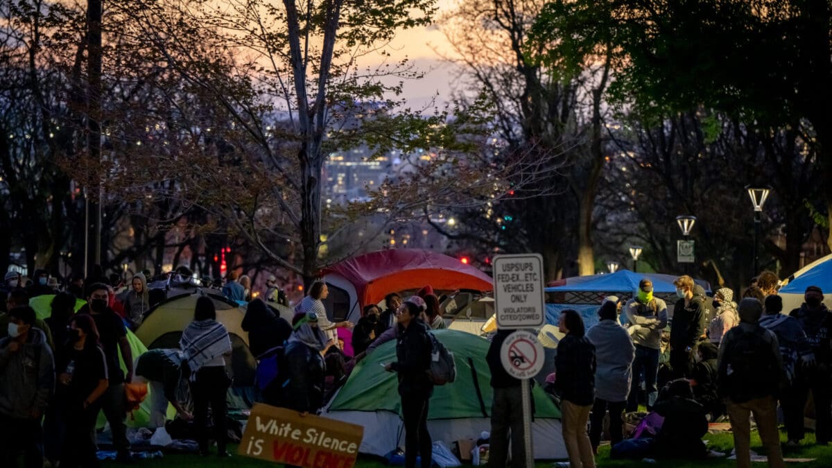 People set up a protest encampment in support of Palestine at the University of Utah in Salt Lake City on Monday, April 29, 2024.