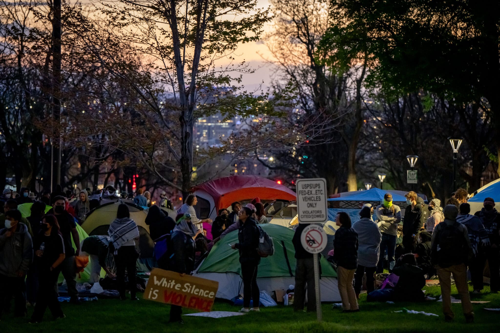 People set up a protest encampment in support of Palestine at the University of Utah in Salt Lake City on Monday, April 29, 2024.