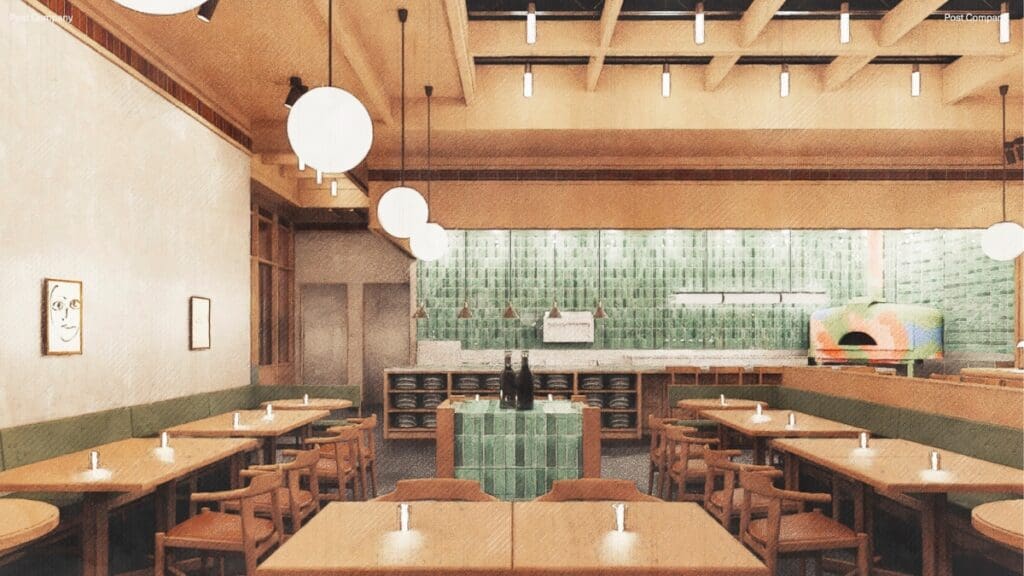 Matilda restaurant design renderings with the pizza oven as a focal point in the open kitchen.