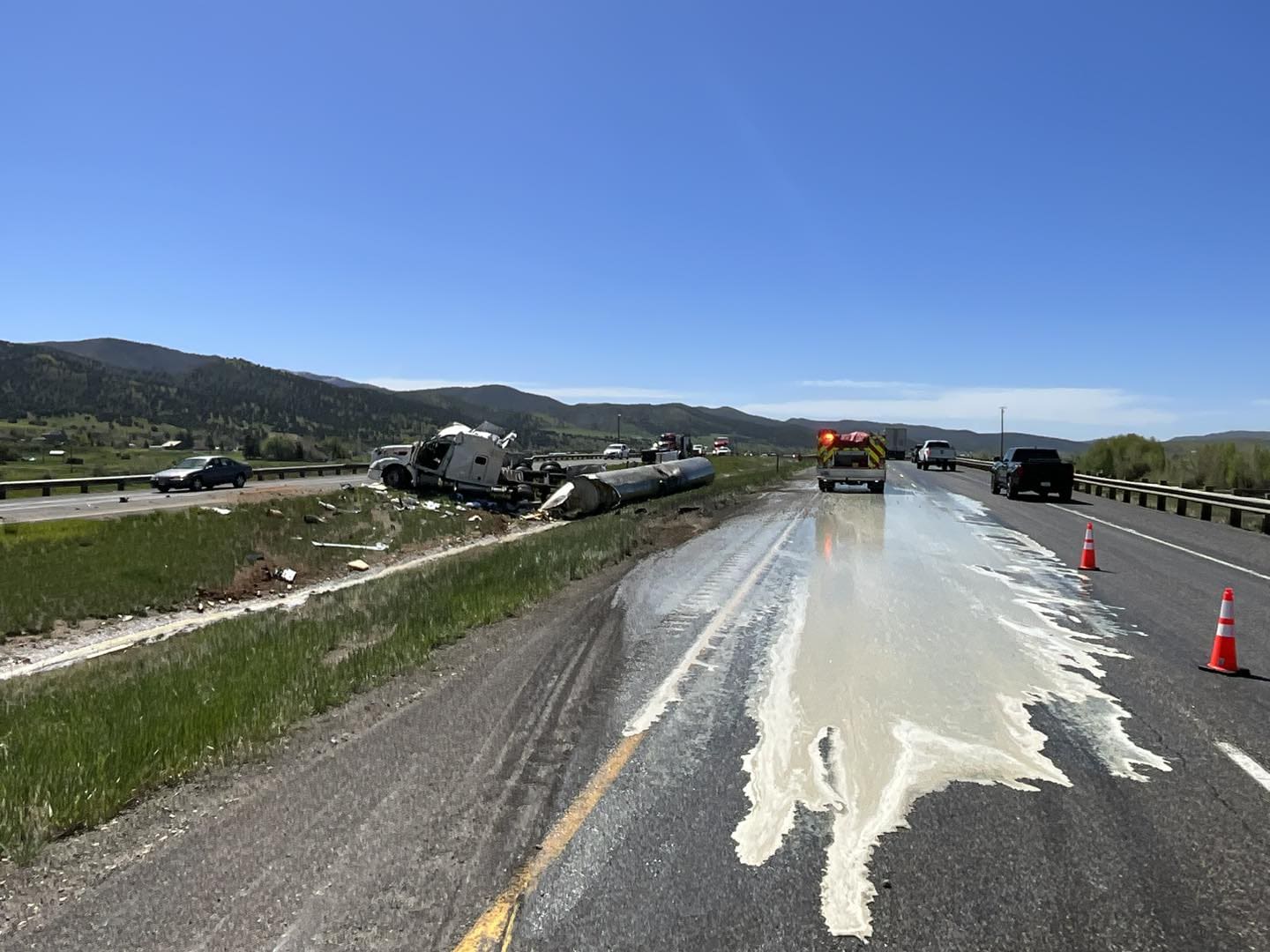 Tanker truck hauling 5,000 gallons of milk crashes on I-80.