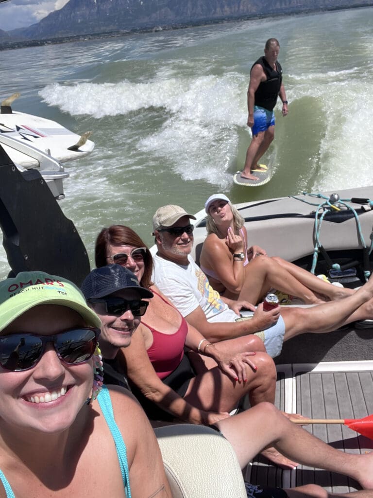 Amanda Foutz with family and friends on the water.