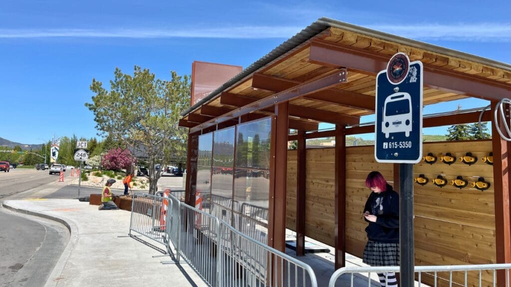 The upgraded Fresh Market bus stop is still under construction, but includes ski racks and a full outdoor seating area.