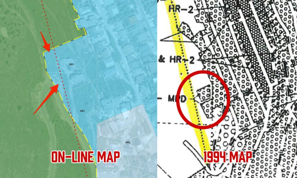 (L) On-Line Sensitive Land Overlay Boundary line. (R) 1994 Sensitive Land Boundary with conflicting information if the SLO intersects the 220 King Road property or not