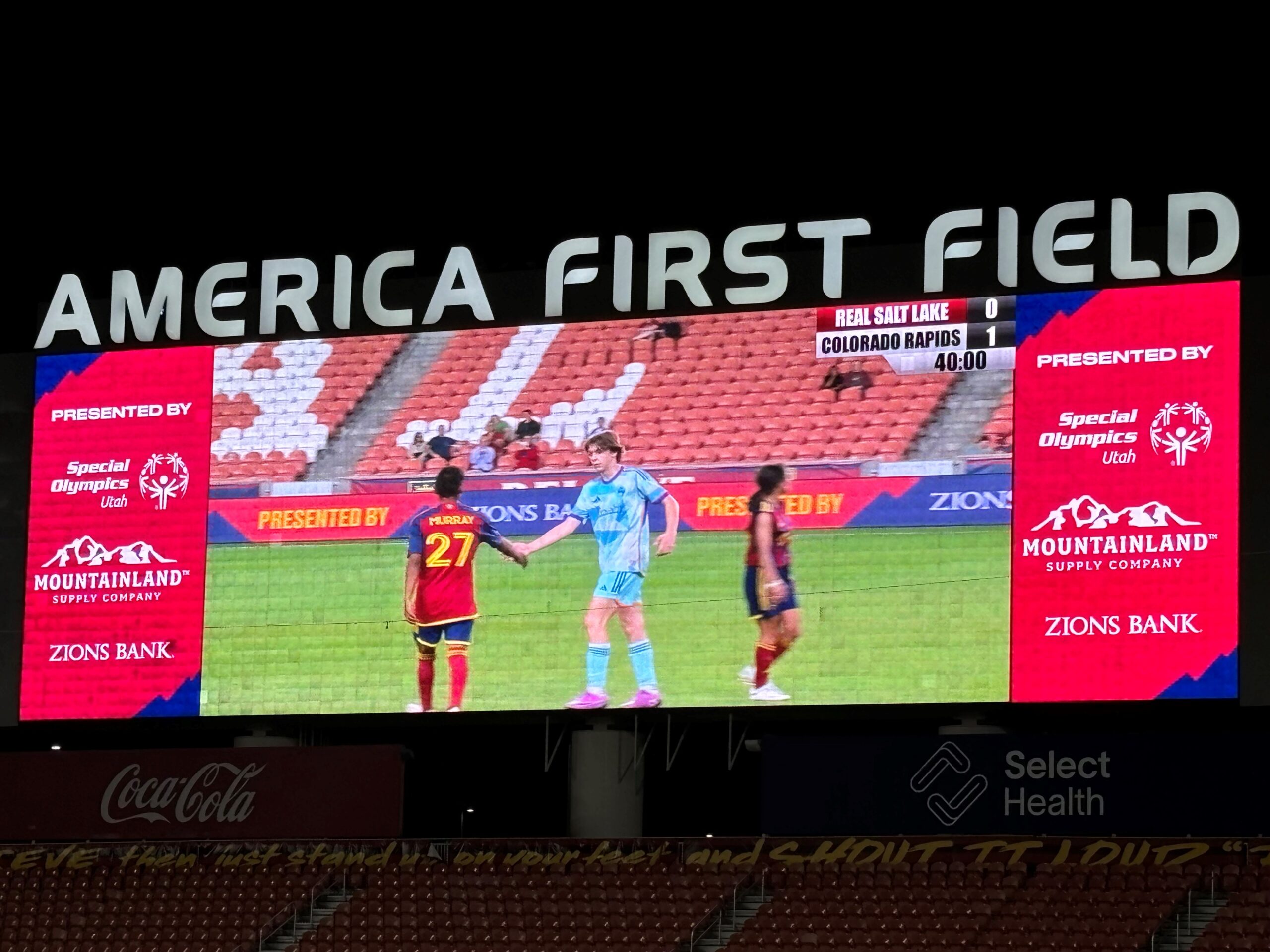 Final score, shown in upper right corner, at Saturday's Utah United Special Olympics soccer team when they played against Colorado at the REAL SL, MLS Stadium in Sandy.