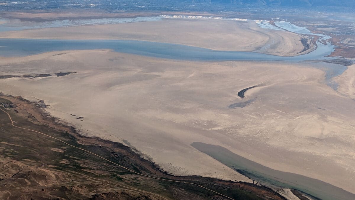 Great Salt Lake with Antelope Island in foreground on March 20, 2024.