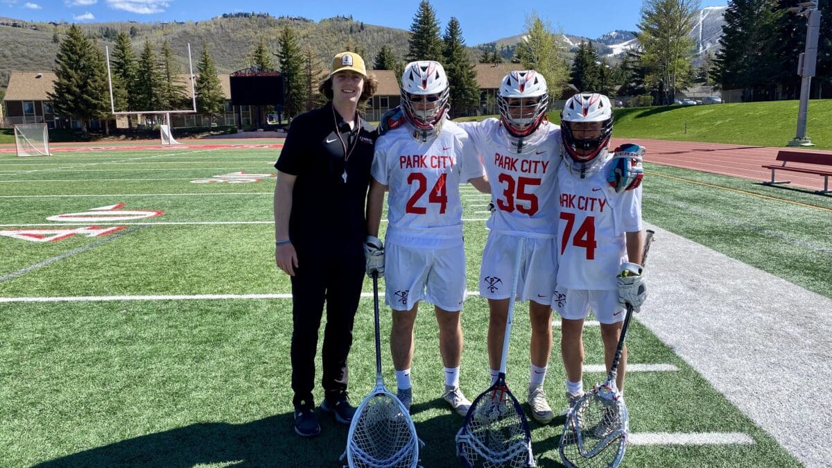 Park City High School's boys, and the girls lacrosse teams played playoff games at home on Thursday. Pictured (L-R) Boys Goalie Coach Kyle Cord, Senior and Goalie A.J. Silianoff, Sophomore Max Gordon, and Sophomore Henry Birch at Dozier Field before their game.