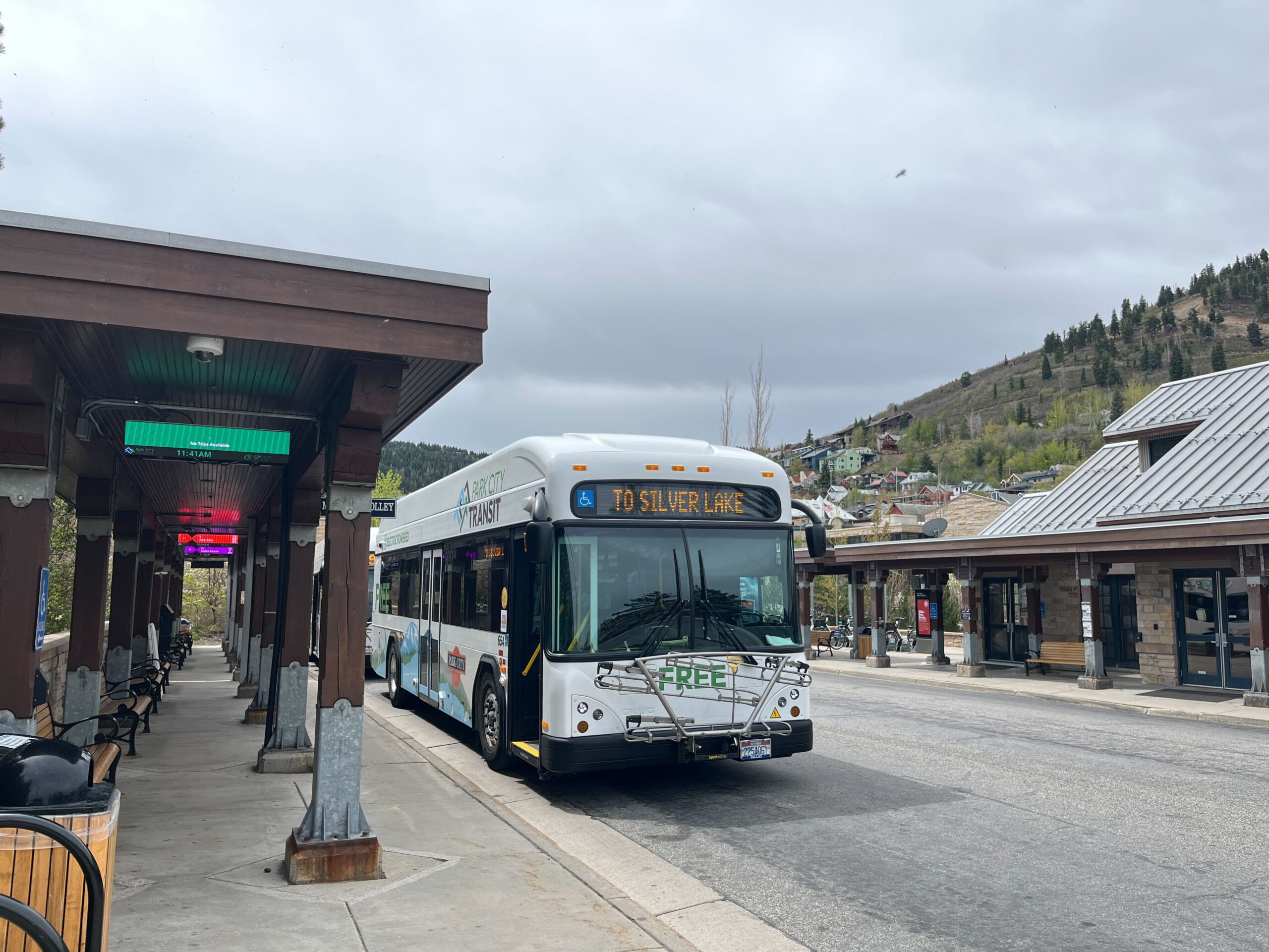 Park City Transit Center buses with new wait time signage.