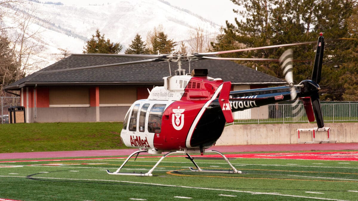 A Univsersity of Utah AirMed helicopter lands on Dozier Field at PCHS as a part of Careers over Coffee, May 3, 2024.