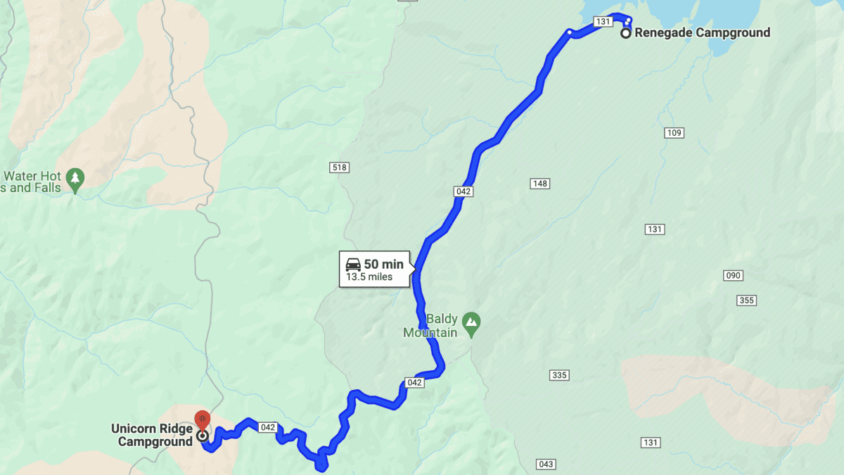 Indian Creek Road from Renegade Campground to Unicorn Ridge Campground.