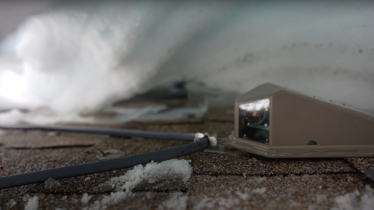 The view of a snow cave on a roof with Powder Watts Pro technologies.