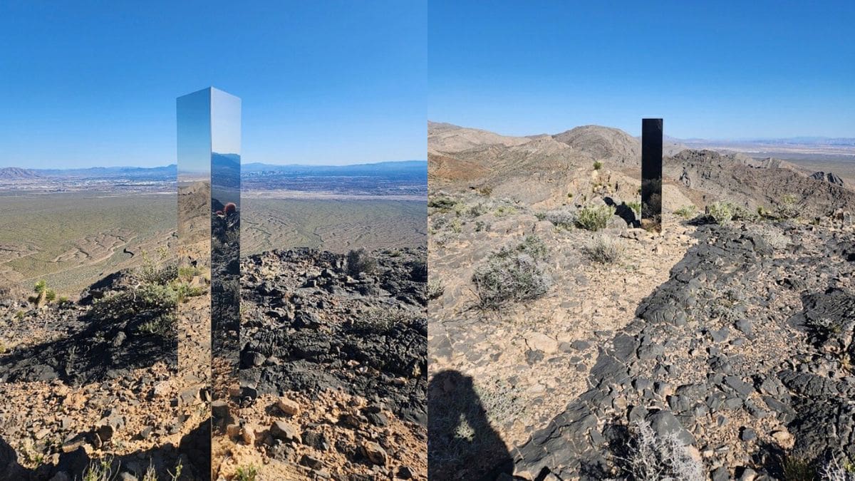 A monolith near Gass Peak, Nev., on Sunday, June 16, 2024. Jutting out of the rocks on a remote mountain peak near Las Vegas, the glimmering rectangular prism's reflective surface imitates the vast desert landscape surrounding the mountain peak where it has been erected.