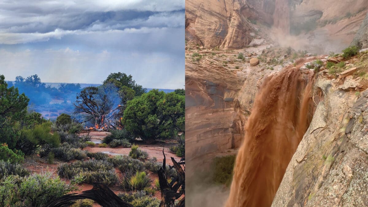 Fires, at left, and flash flooding, on right, hit Moab, Utah over the weekend as a monsoon struck the area.