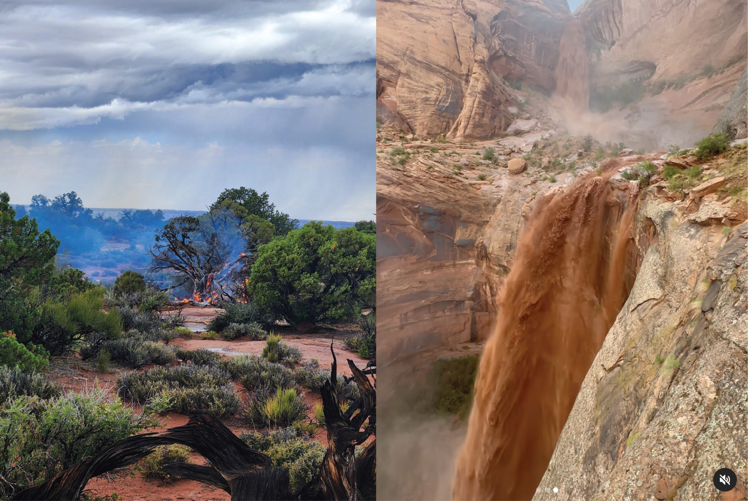 Fires, at left, and flash flooding, on right, hit Moab, Utah over the weekend as a monsoon struck the area.