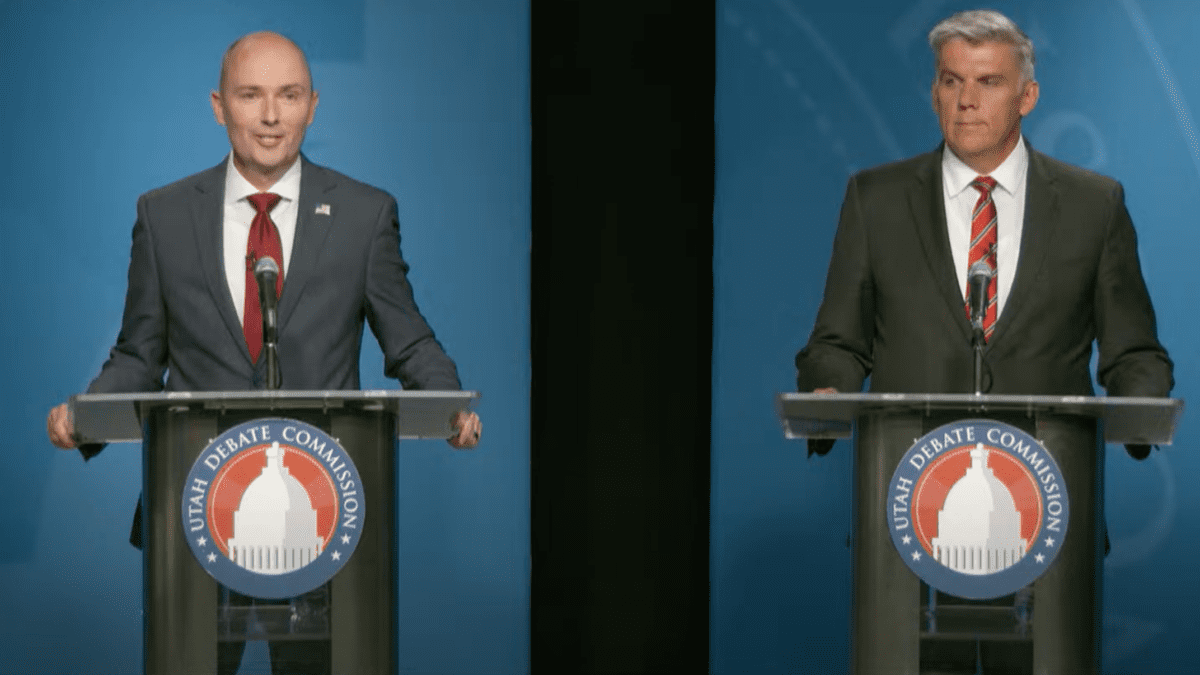 Governor Spencer Cox and State Rep. Phil Lyman at the 2024 gubernatorial Republican debate on Tuesday, June 11.