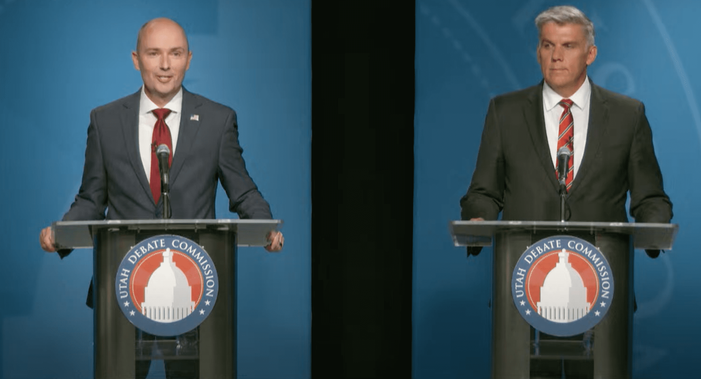 Governor Spencer Cox and State Rep. Phil Lyman at the 2024 gubernatorial Republican debate on Tuesday, June 11.