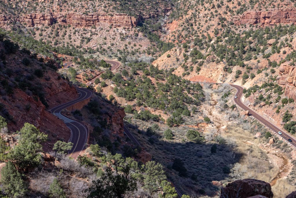 The Zion-Mt Carmel Highway view from the Canyon Overlook trail.