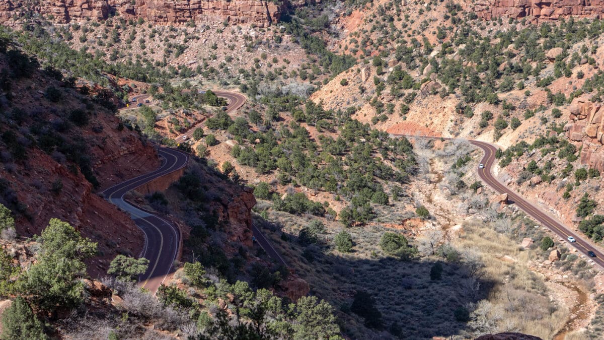 The Zion-Mt Carmel Highway view from the Canyon Overlook trail.