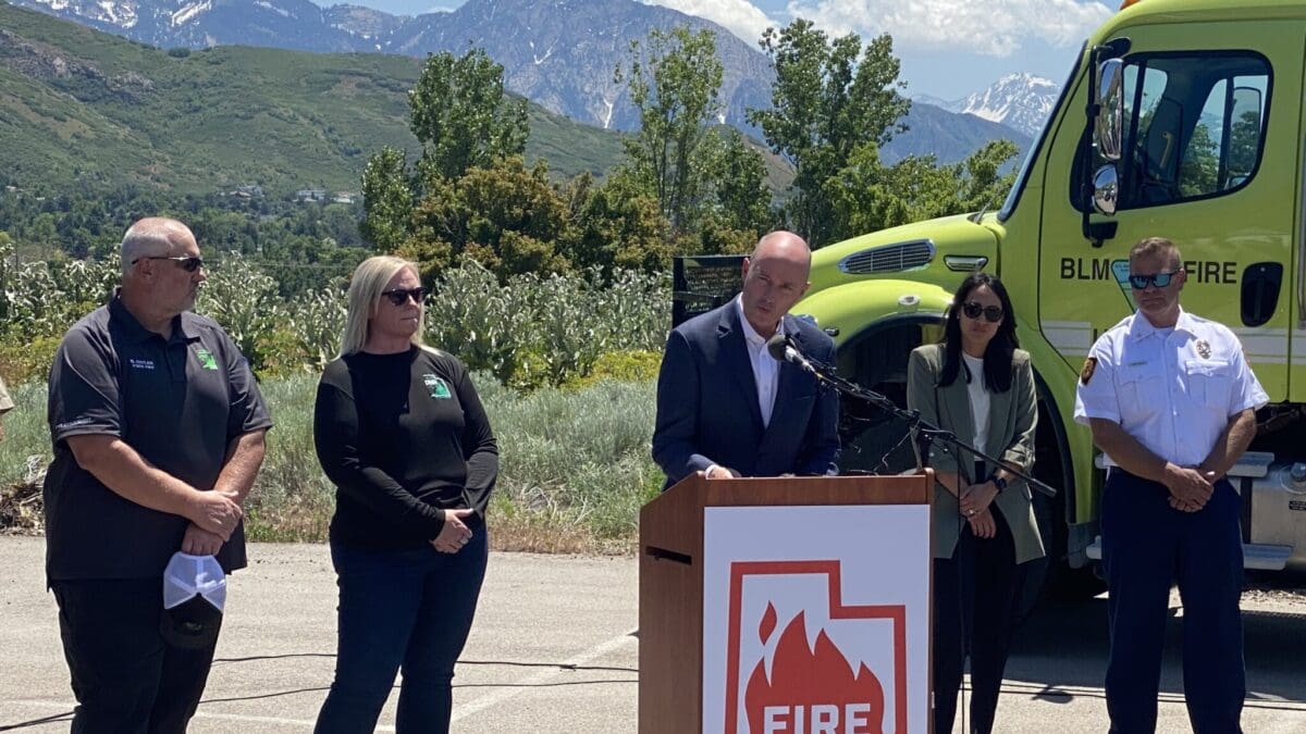 Utah Gov. Spencer Cox speaks during the annual Fire Sense news conference at This is the Place Heritage Park in Salt Lake City, where officials warned summer 2024 could bring large wildfires to Utah, on Monday, June 10, 2024.