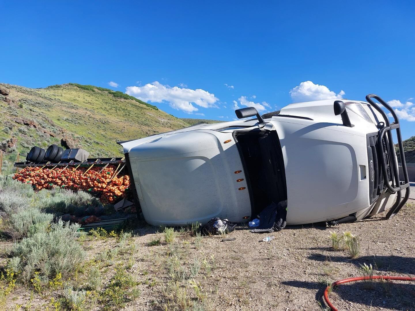 Onion semi truck rollover on I-80 eastbound, June 26, 2024.