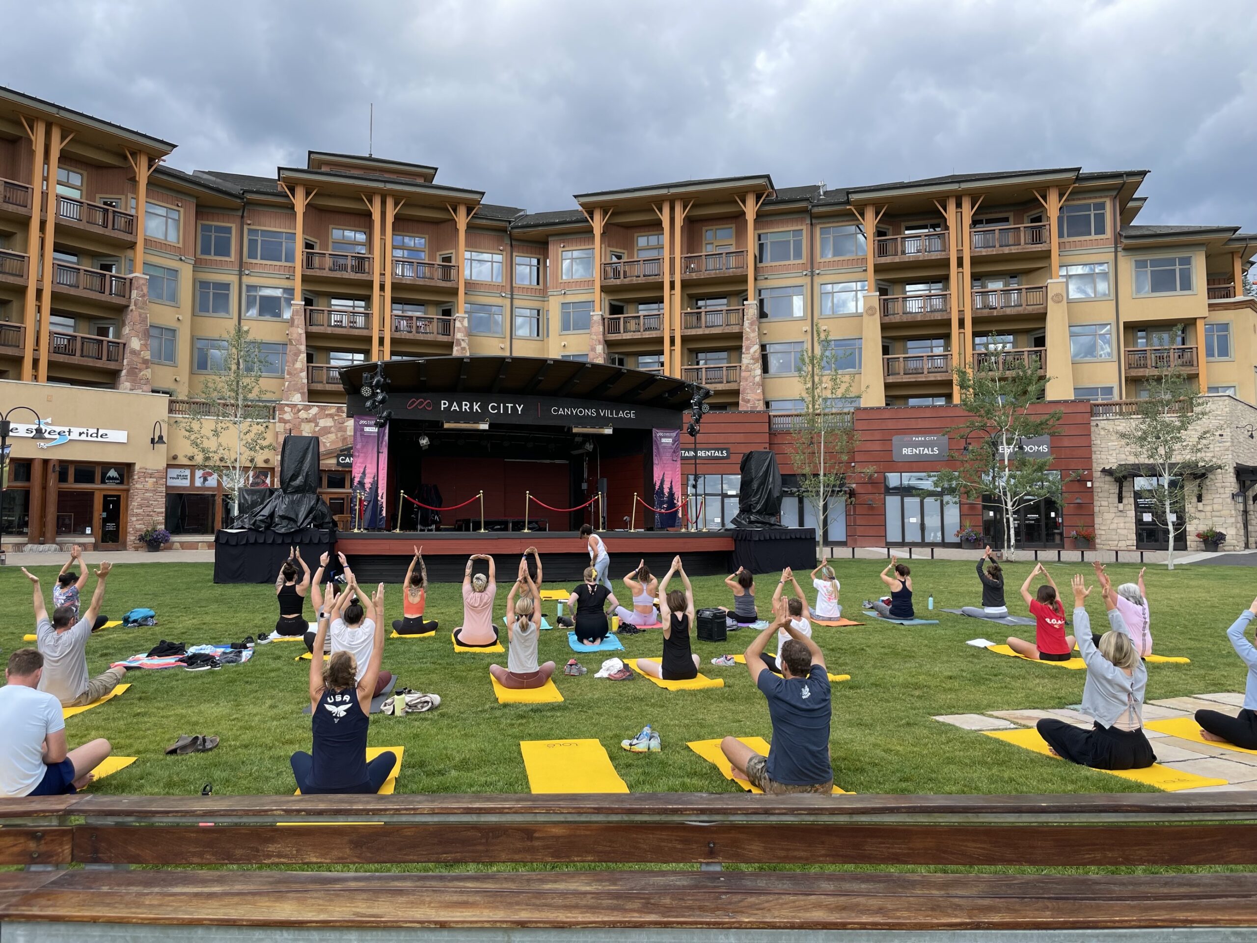 Outdoor summer yoga at Canyons Village.