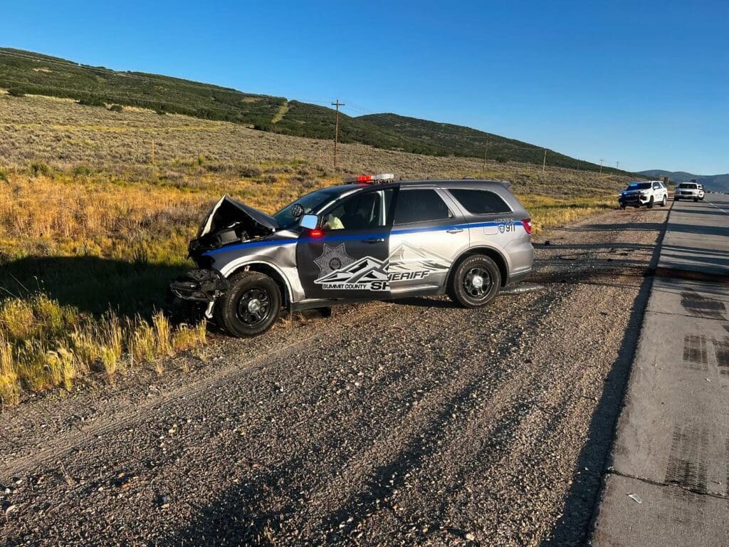 Summit County deputy vehicle that was damaged in a head on collision stopping a wrong way driver on SR-40.