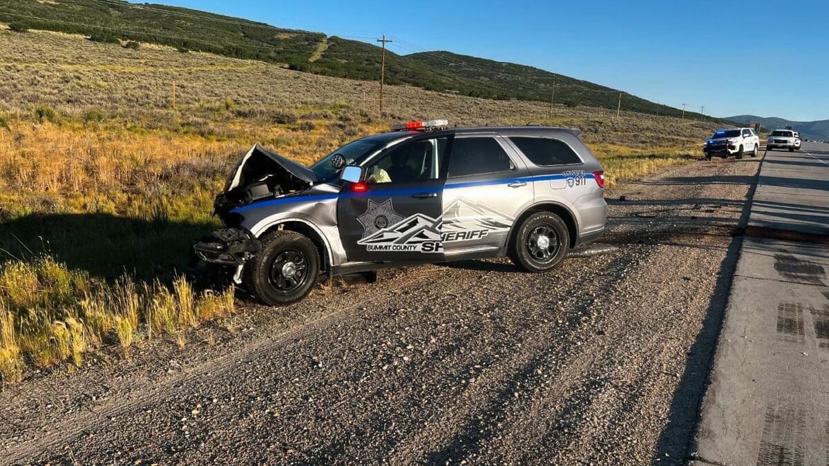 Summit County deputy vehicle that was damaged in a head on collision stopping a wrong way driver on SR-40.