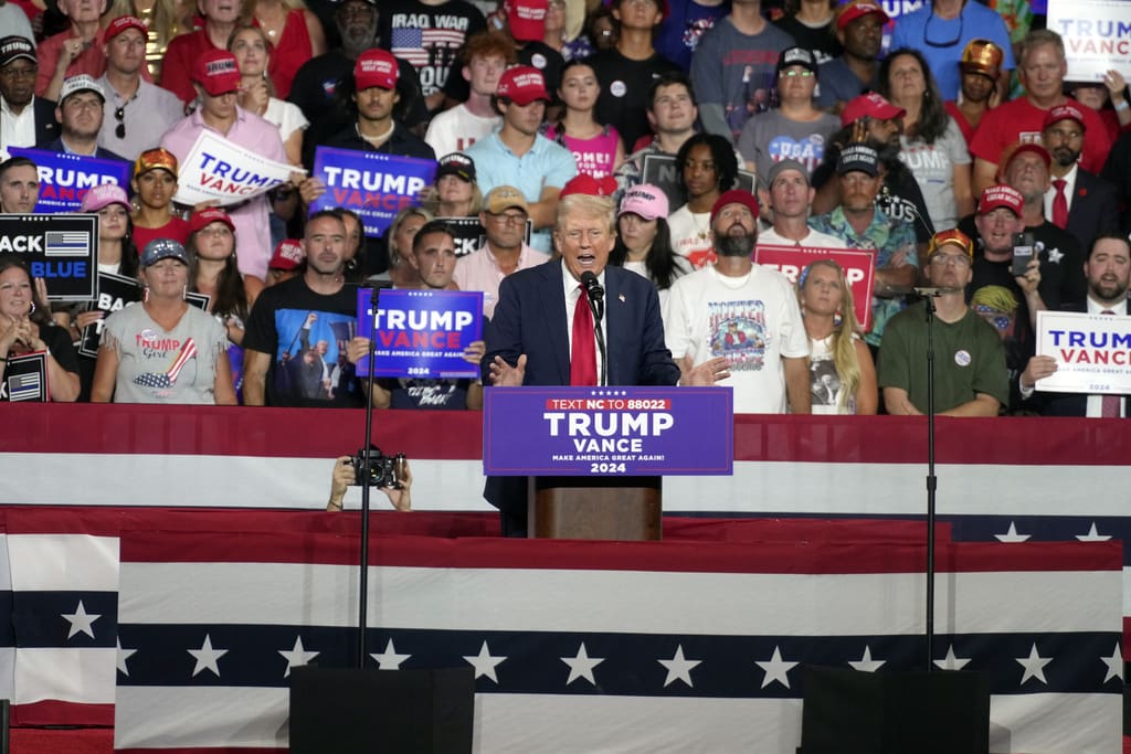 Republican presidential candidate former President Donald Trump speaks at a campaign rally in Charlotte, N.C., Wednesday, July 24, 2024.